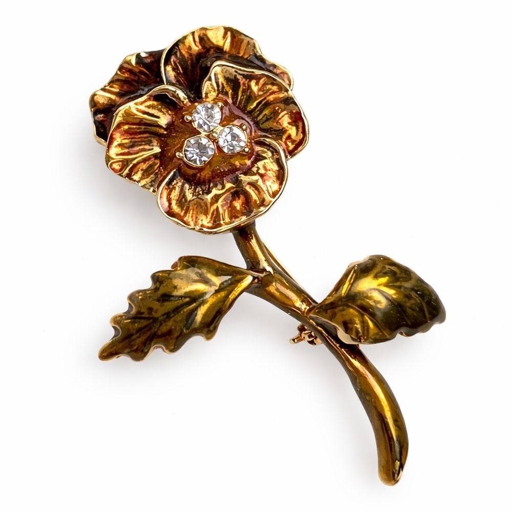 Vintage Enamel Flower Brooch Autumnal Brown Gold Rhinestone Cottagecore Romantic